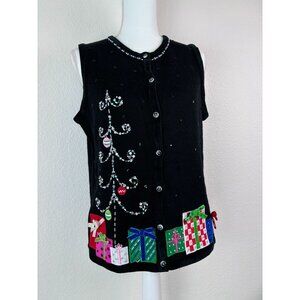 Tiara International Vintage christmas sweater vest women's medium presents tree‎